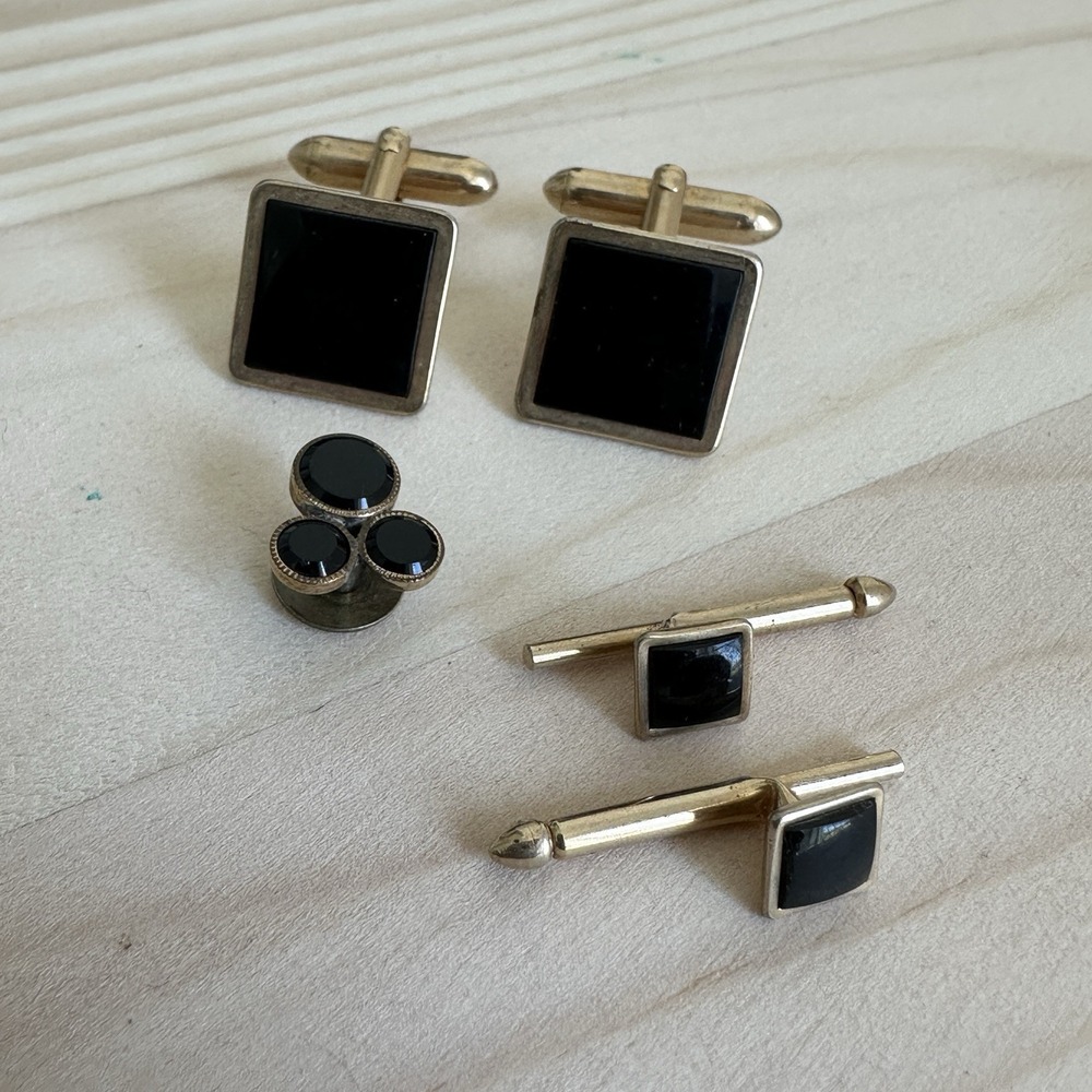 VTG Swank Square Cufflink Formal Shirt Studs Tie Tack 0.5-1 Inch Black Onyx Gold
